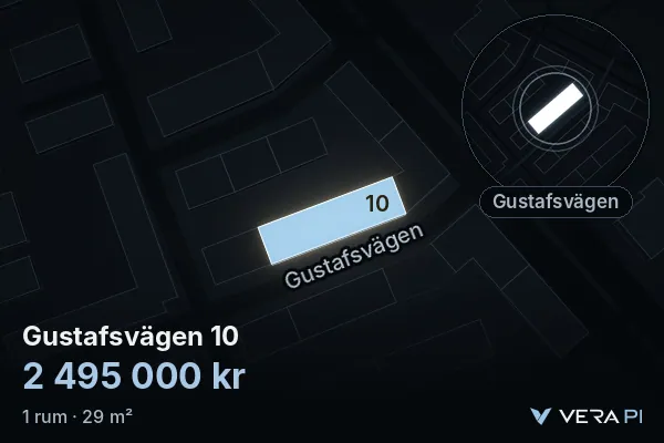 VERA PI's image of Gustafsvägen 10: the building in 3D, lit in blue, and the map around it