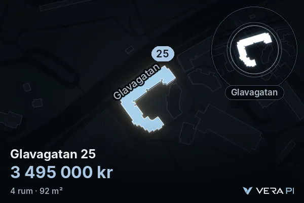 VERA PI's image of Glavagatan 25: the building in 3D, lit in blue, and the map around it