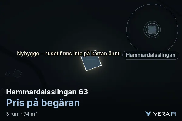 VERA PI:s bild av Hammardalsslingan 63: huset i 3D, upplyst i blått, och kartan runt omkring