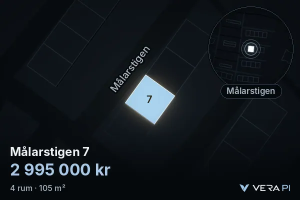 VERA PI's image of Målarstigen 7: the building in 3D, lit in blue, and the map around it