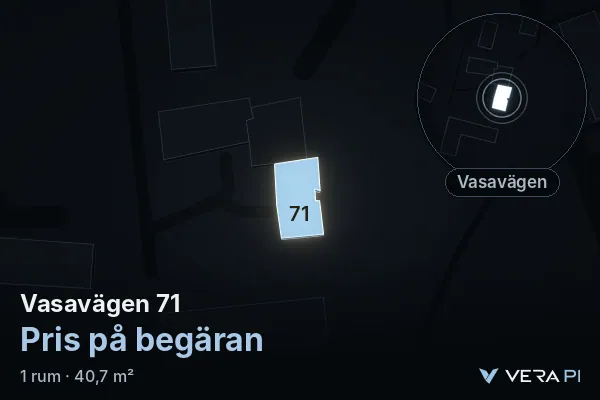 VERA PI's image of Vasavägen 71: the building in 3D, lit in blue, and the map around it