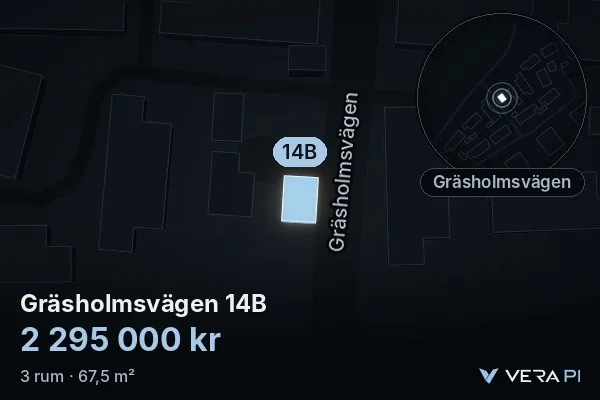 VERA PI:s bild av Gräsholmsvägen 14B: huset i 3D, upplyst i blått, och kartan runt omkring