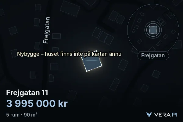 VERA PI:s bild av Frejgatan 11: huset i 3D, upplyst i blått, och kartan runt omkring