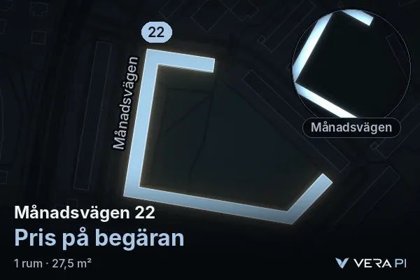 VERA PI's image of Månadsvägen 22: the building in 3D, lit in blue, and the map around it