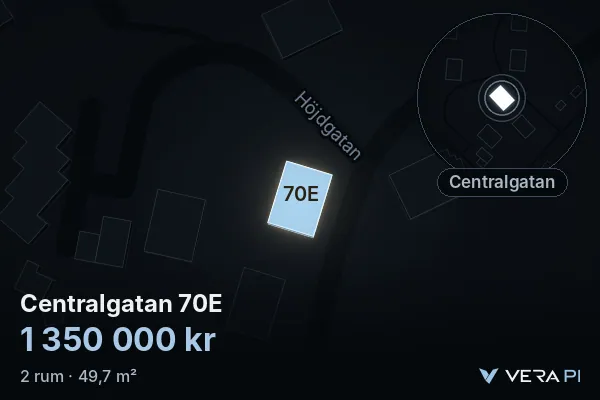 VERA PI:s bild av Centralgatan 70E: huset i 3D, upplyst i blått, och kartan runt omkring