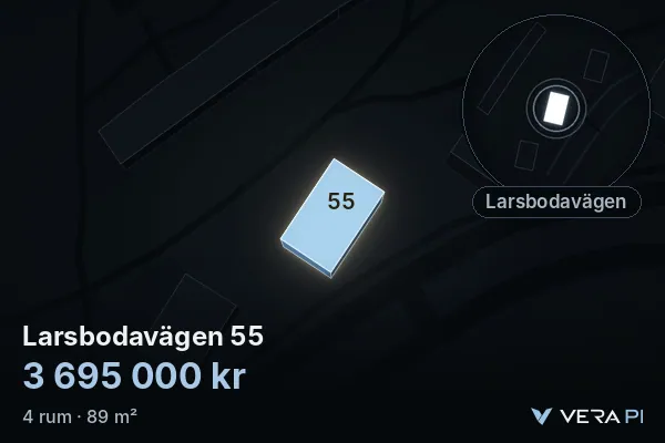 VERA PI's image of Larsbodavägen 55: the building in 3D, lit in blue, and the map around it