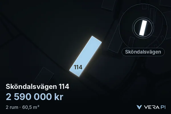 VERA PI:s bild av Sköndalsvägen 114: huset i 3D, upplyst i blått, och kartan runt omkring