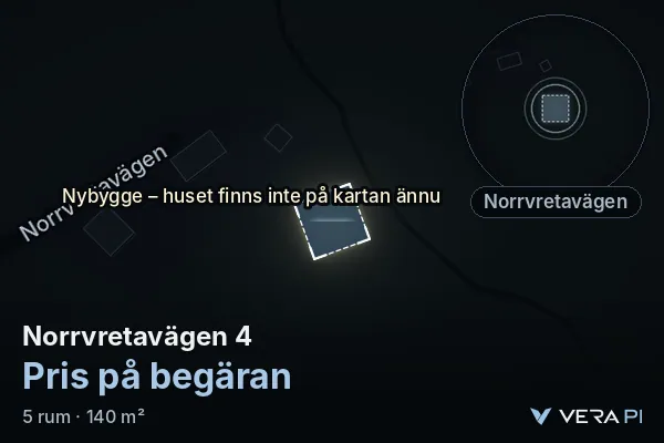VERA PI's image of Norrvretavägen 4: the building in 3D, lit in blue, and the map around it
