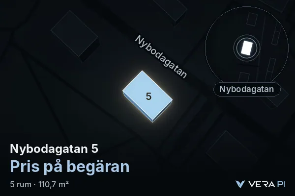 VERA PI:s bild av Nybodagatan 5: huset i 3D, upplyst i blått, och kartan runt omkring