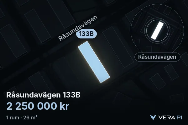 VERA PI's image of Råsundavägen 133B: the building in 3D, lit in blue, and the map around it