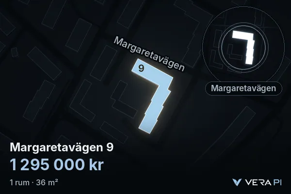 VERA PI's image of Margaretavägen 9: the building in 3D, lit in blue, and the map around it