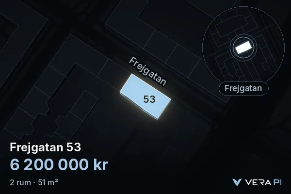 VERA PI:s bild av Frejgatan 53: huset i 3D, upplyst i blått, och kartan runt omkring
