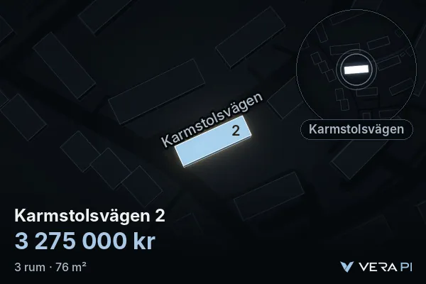 VERA PI's image of Karmstolsvägen 2: the building in 3D, lit in blue, and the map around it