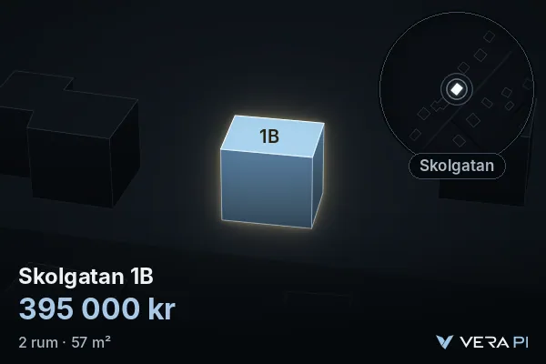 VERA PI:s bild av Skolgatan 1B: huset i 3D, upplyst i blått, och kartan runt omkring