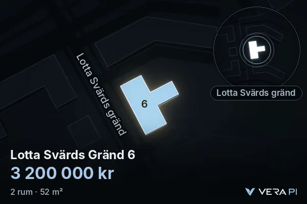VERA PI's image of Lotta Svärds Gränd 6: the building in 3D, lit in blue, and the map around it