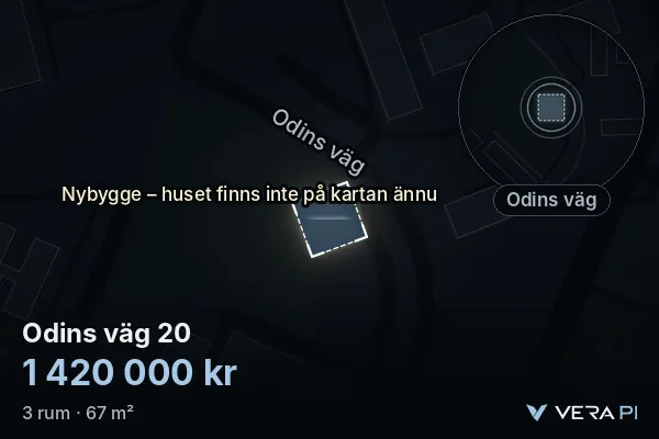 VERA PI:s bild av Odins väg 20: huset i 3D, upplyst i blått, och kartan runt omkring
