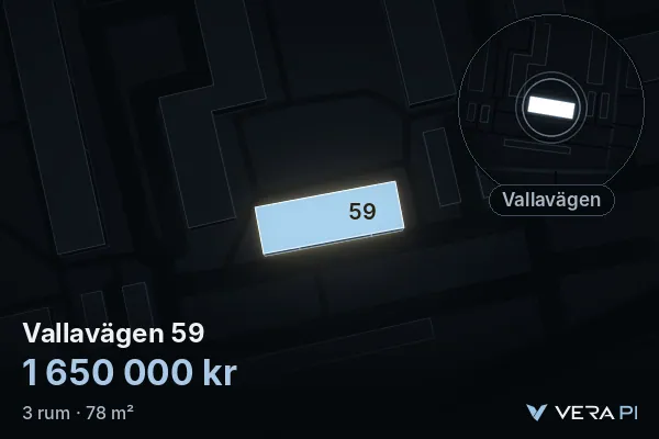 VERA PI:s bild av Vallavägen 59: huset i 3D, upplyst i blått, och kartan runt omkring
