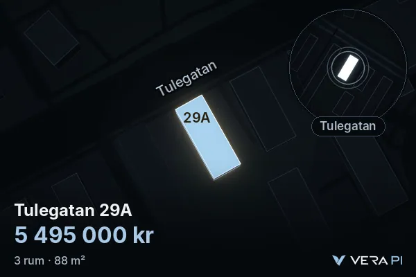 VERA PI:s bild av Tulegatan 29A: huset i 3D, upplyst i blått, och kartan runt omkring