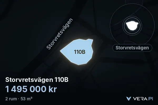 VERA PI's image of Storvretsvägen 110B: the building in 3D, lit in blue, and the map around it