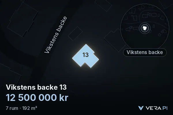 VERA PI's image of Vikstens backe 13: the building in 3D, lit in blue, and the map around it