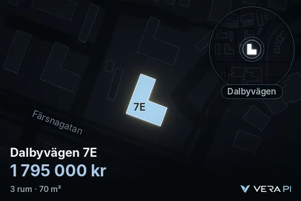 VERA PI's image of Dalbyvägen 7E: the building in 3D, lit in blue, and the map around it