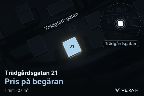 VERA PI:s bild av Trädgårdsgatan 21: huset i 3D, upplyst i blått, och kartan runt omkring