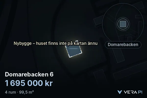 VERA PI's image of Domarebacken 6: the building in 3D, lit in blue, and the map around it