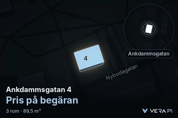 VERA PI:s bild av Ankdammsgatan 4: huset i 3D, upplyst i blått, och kartan runt omkring
