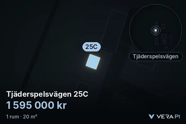 VERA PI:s bild av Tjäderspelsvägen 25C: huset i 3D, upplyst i blått, och kartan runt omkring
