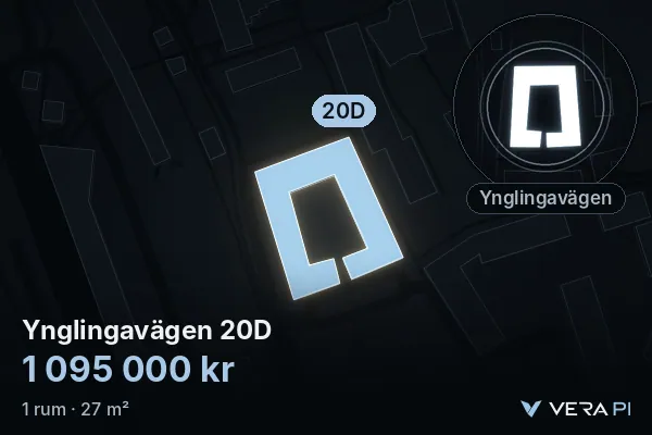 VERA PI's image of Ynglingavägen 20D: the building in 3D, lit in blue, and the map around it