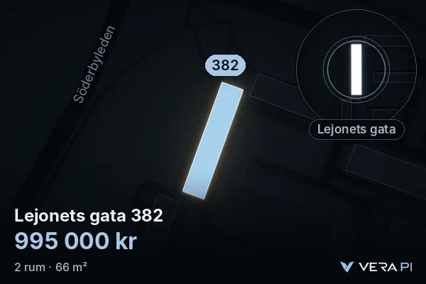 VERA PI:s bild av Lejonets gata 382: huset i 3D, upplyst i blått, och kartan runt omkring