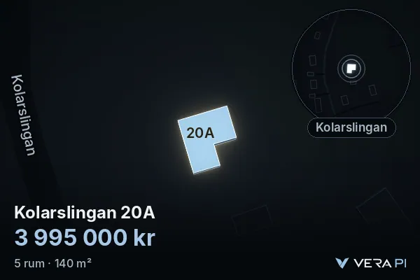 VERA PI:s bild av Kolarslingan 20A: huset i 3D, upplyst i blått, och kartan runt omkring