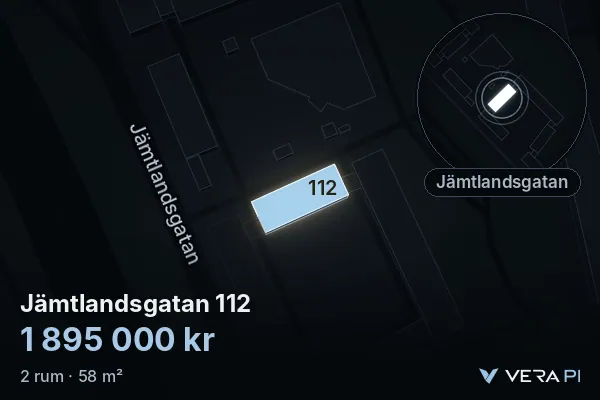 VERA PI:s bild av Jämtlandsgatan 112: huset i 3D, upplyst i blått, och kartan runt omkring