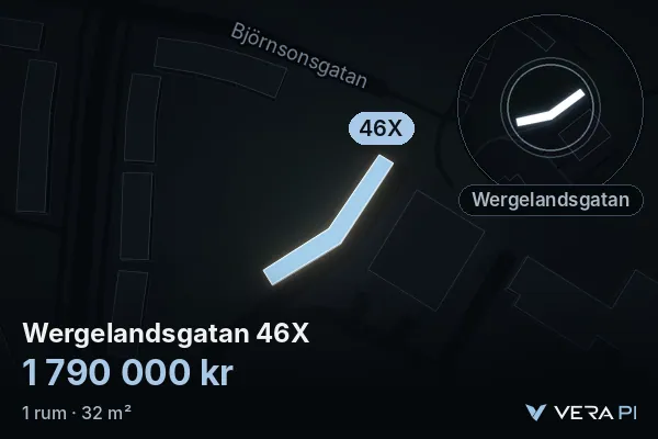 VERA PI:s bild av Wergelandsgatan 46X: huset i 3D, upplyst i blått, och kartan runt omkring