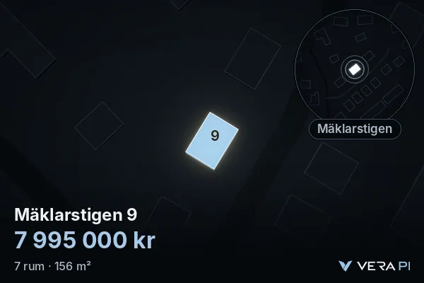 VERA PI:s bild av Mäklarstigen 9: huset i 3D, upplyst i blått, och kartan runt omkring