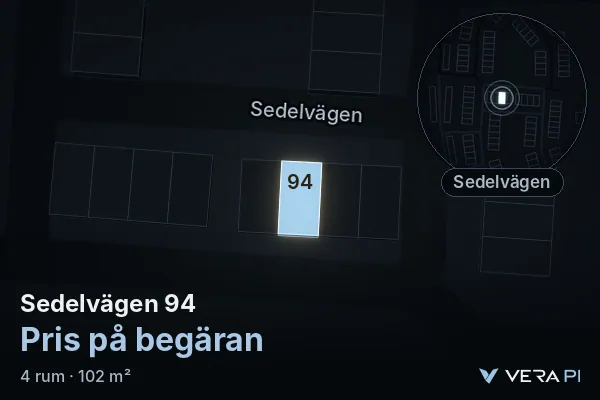 VERA PI's image of Sedelvägen 94: the building in 3D, lit in blue, and the map around it