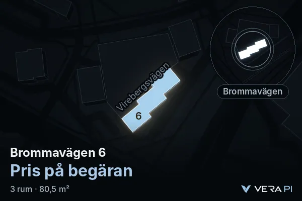 VERA PI's image of Brommavägen 6: the building in 3D, lit in blue, and the map around it