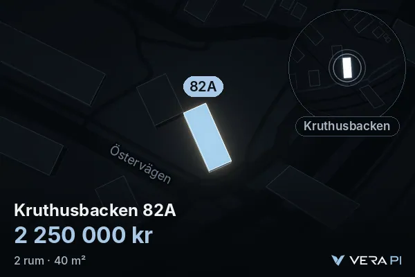 VERA PI's image of Kruthusbacken 82A: the building in 3D, lit in blue, and the map around it