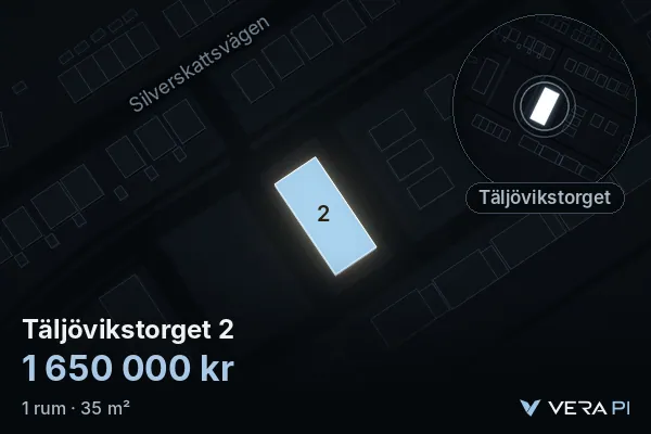 VERA PI:s bild av Täljövikstorget 2: huset i 3D, upplyst i blått, och kartan runt omkring