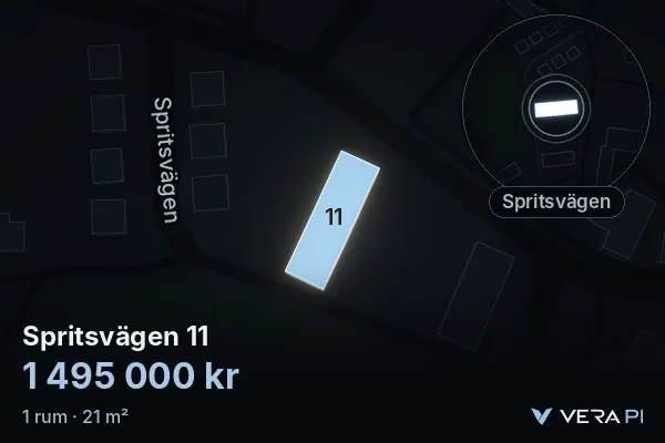 VERA PI:s bild av Spritsvägen 11: huset i 3D, upplyst i blått, och kartan runt omkring