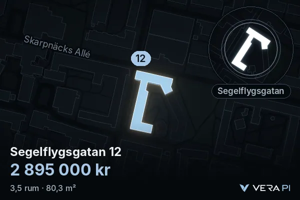 VERA PI:s bild av Segelflygsgatan 12: huset i 3D, upplyst i blått, och kartan runt omkring