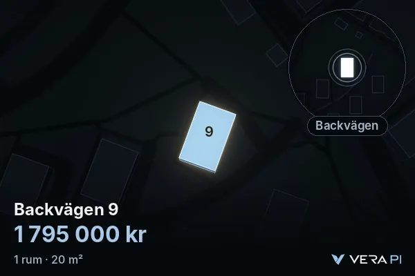 VERA PI's image of Backvägen 9: the building in 3D, lit in blue, and the map around it