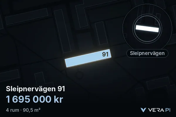 VERA PI:s bild av Sleipnervägen 91: huset i 3D, upplyst i blått, och kartan runt omkring