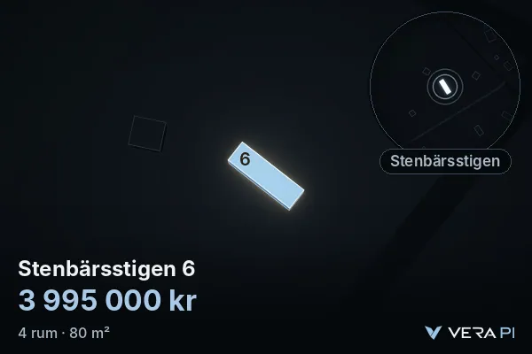 VERA PI:s bild av Stenbärsstigen 6: huset i 3D, upplyst i blått, och kartan runt omkring