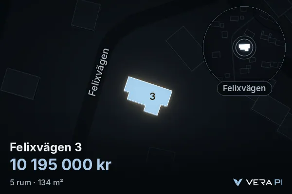 VERA PI's image of Felixvägen 3: the building in 3D, lit in blue, and the map around it
