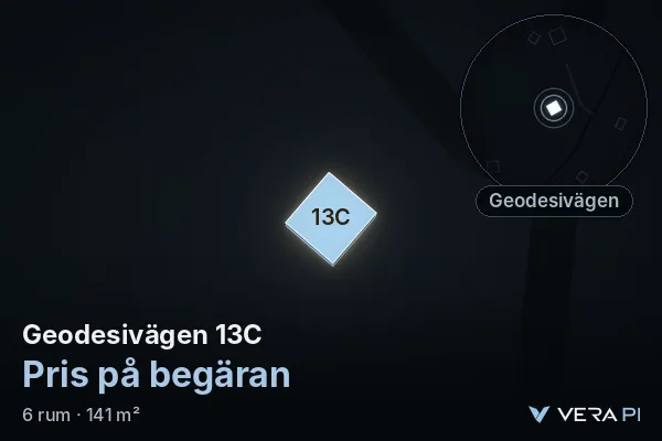 VERA PI:s bild av Geodesivägen 13C: huset i 3D, upplyst i blått, och kartan runt omkring