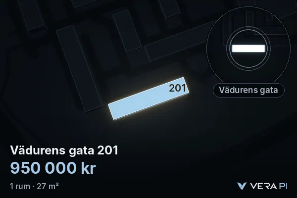 VERA PI:s bild av Vädurens gata 201: huset i 3D, upplyst i blått, och kartan runt omkring