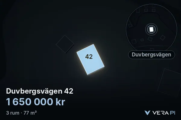 VERA PI's image of Duvbergsvägen 42: the building in 3D, lit in blue, and the map around it