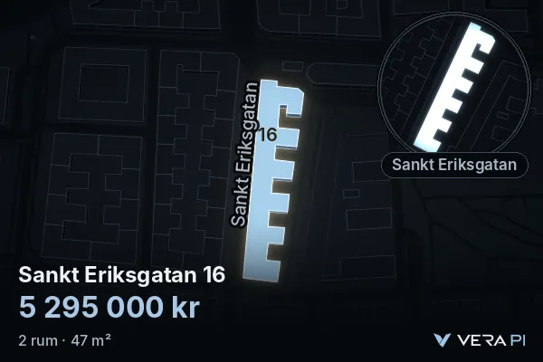 VERA PI:s bild av Sankt Eriksgatan 16: huset i 3D, upplyst i blått, och kartan runt omkring