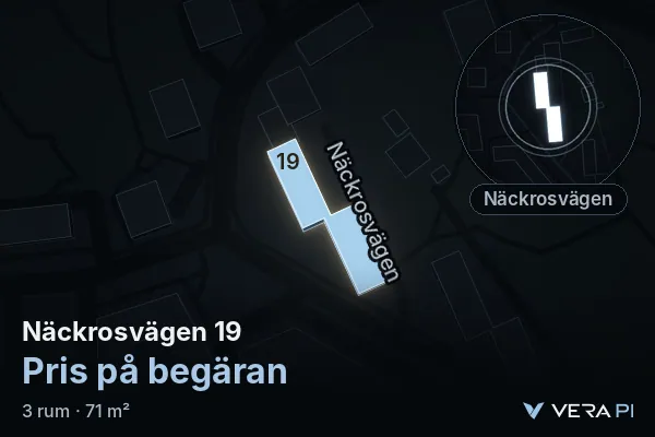 VERA PI:s bild av Näckrosvägen 19: huset i 3D, upplyst i blått, och kartan runt omkring